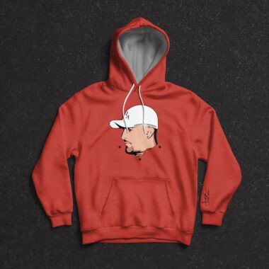 A red hoody with printed picture of Johnny J