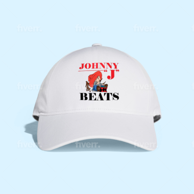 A white cap with Johnny J name and cartoon Printed on it