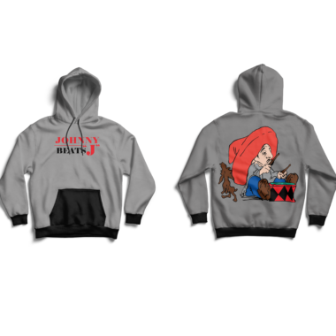 A Johnny J grey hoody with Beat album cartoon printed on the back